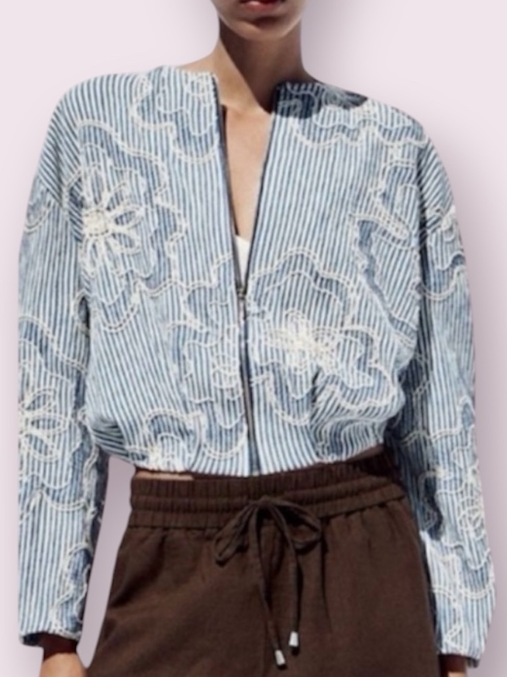 Zara Blue & White Structured Bomber Jacket Shrunken Textured Size Medium